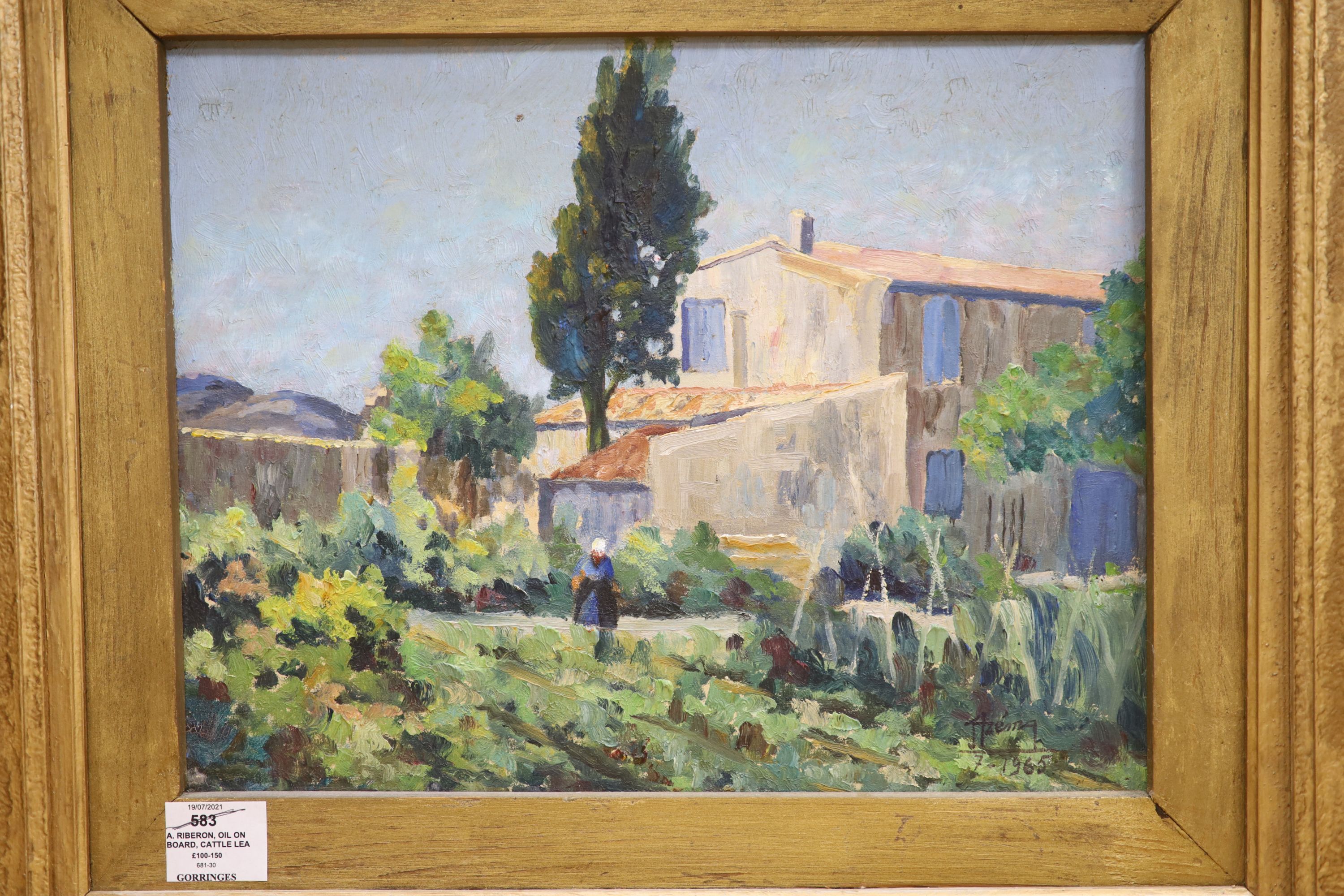 A. Riberon, oil on board, Cattle leaving a barn, signed, 33 x 49cm and an oil of a woman in a garden, 30 x 38cm